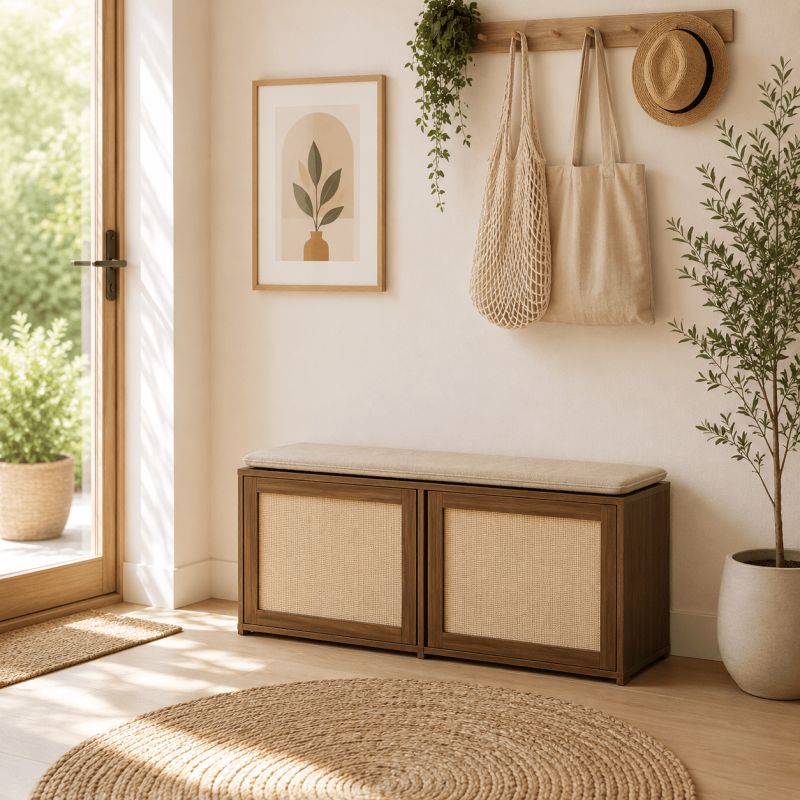 Banc à chaussures HARIA effet noyer et rotin