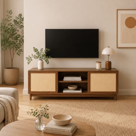 Meuble TV HARIA effet noyer et rotin 150cm
