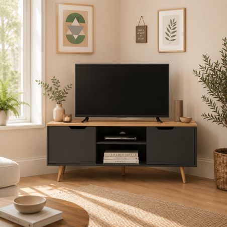 Meuble TV d'angle LYNA gris et effet chêne 115cm