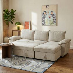 Canapé d'angle droit convertible VINEA 4 places tissu chenille tramé beige
