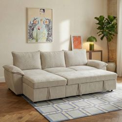Canapé d'angle gauche convertible VINEA 4 places tissu chenille tramé beige