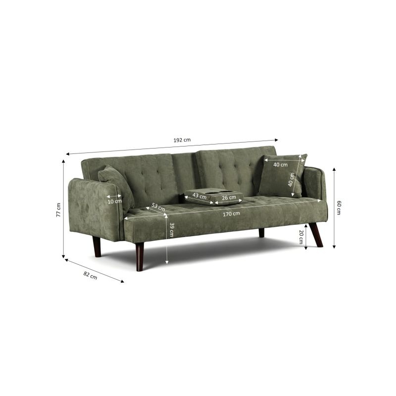 Canapé droit convertible CENOA 3 places tissu chenille tramé vert