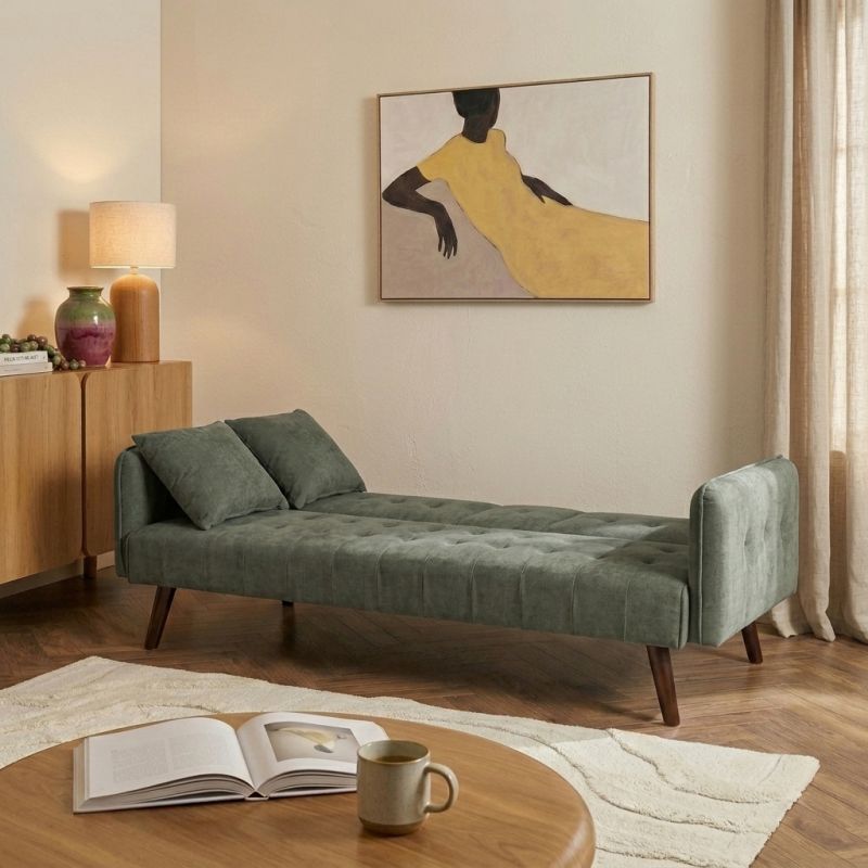 Canapé droit convertible CENOA 3 places tissu chenille tramé vert