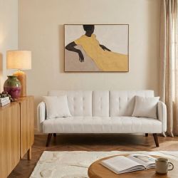 Canapé droit convertible CENOA 3 places tissu chenille tramé beige