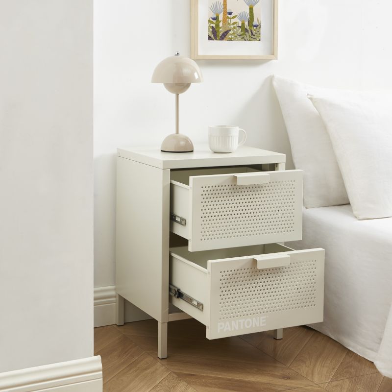 Table de chevet PANTONE métal beige sable double tiroirs 40cm