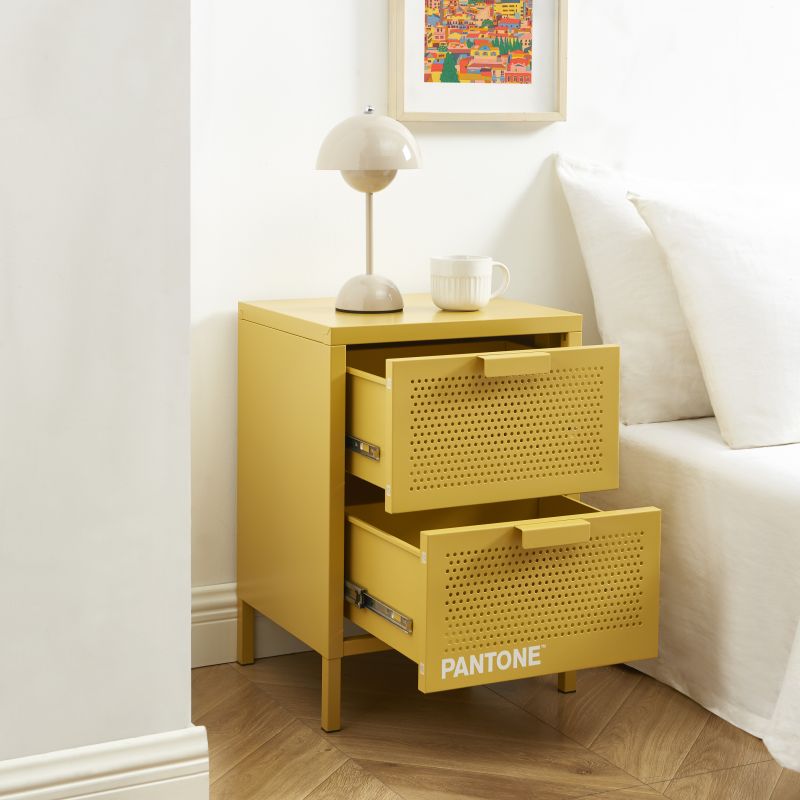 Table de chevet PANTONE métal jaune moutarde double tiroirs 40cm