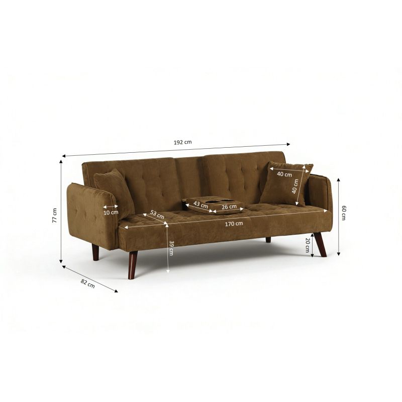 Canapé droit convertible CENOA 3 places tissu chenille tramé marron kaki