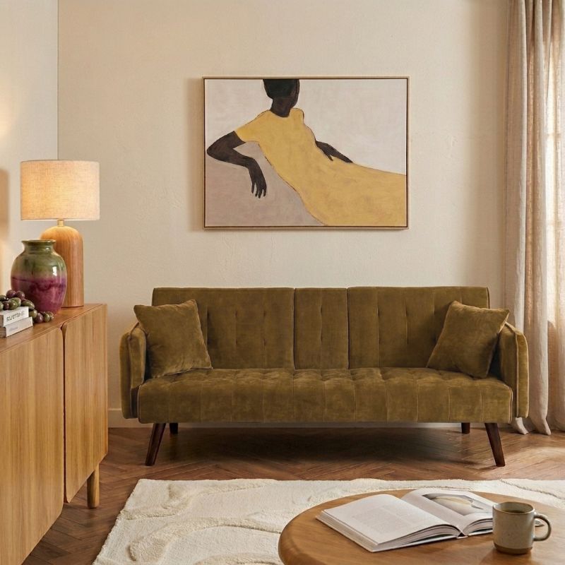 Canapé droit convertible CENOA 3 places tissu chenille tramé marron kaki