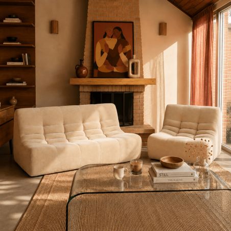 Ensemble banquette et chauffeuse JANIS modulable 3 places velours beige
