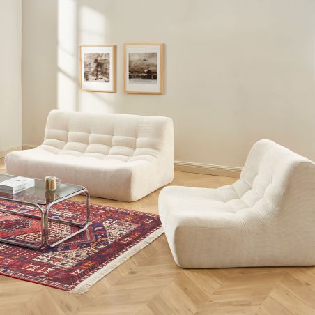 Ensemble banquette et chauffeuse JANIS modulable 3 places tissu chenille écru
