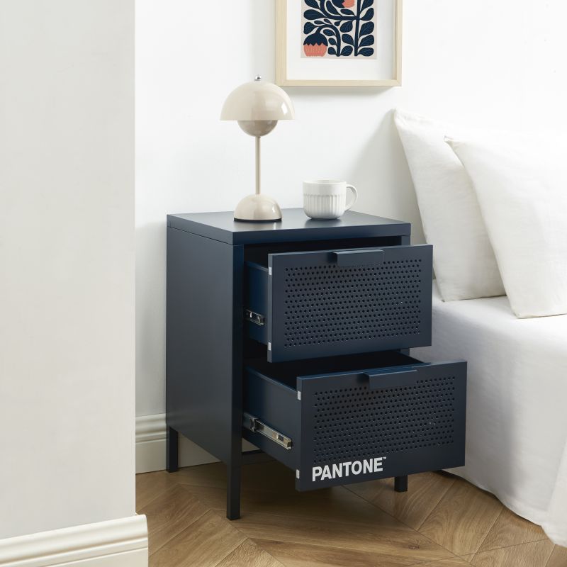 Table de chevet PANTONE métal bleu nuit double tiroirs 40cm