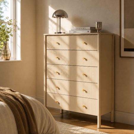Commode CLEO laqué beige 5 tiroirs 90cm