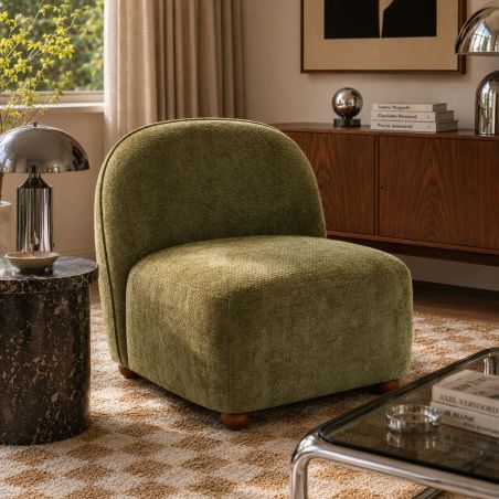 Fauteuil JUDY tissu chenille vert pieds boules teintés noyer