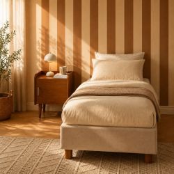 Lit coffre KORALL 90x190 tissu beige lin sommier inclus