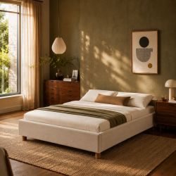 Lit coffre KORALL 160x200 tissu beige lin sommier inclus