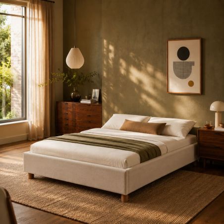 Lit coffre KORALL 160x200 tissu beige lin sommier inclus