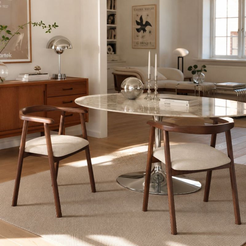 Lot de 6 chaises LORENZ chêne massif couleur noyer et tissu beige