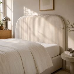 Tête de lit LOUISON tissu lin rayé blanc et beige 90 cm