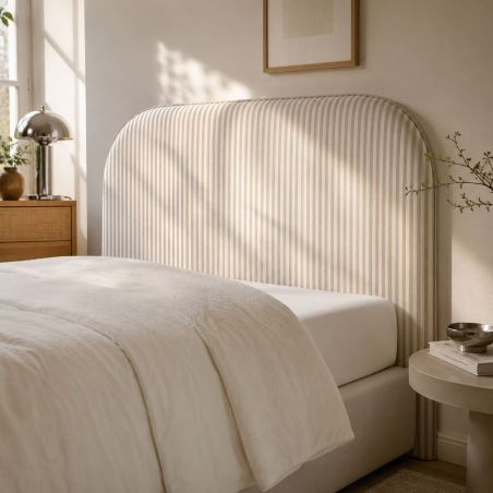 Tête de lit LOUISON tissu lin rayé blanc et beige 90 cm