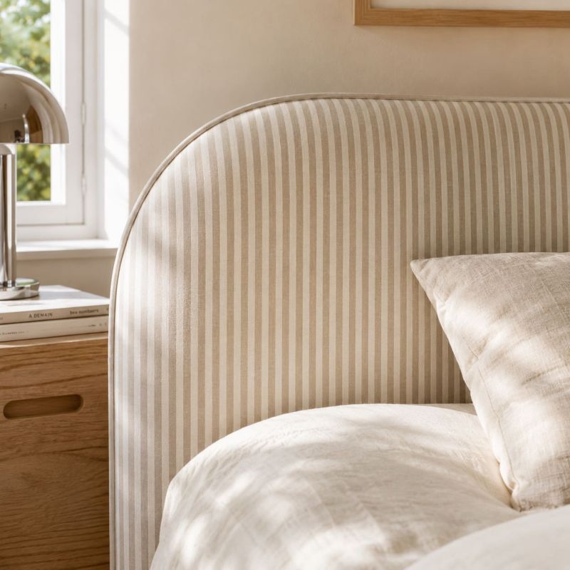 Tête de lit LOUISON tissu lin rayé blanc et beige 90 cm