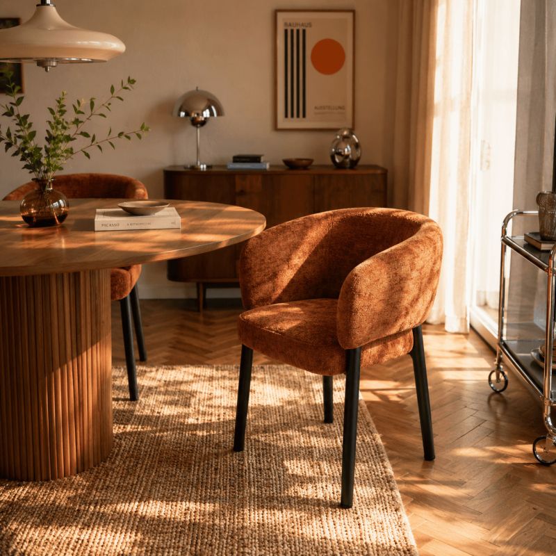 Fauteuil de table ABELIA chenille terracotta et pieds métal noir