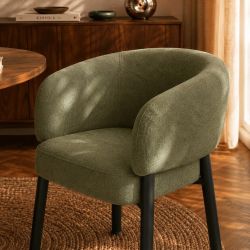 Fauteuil de table ABELIA velours tramé vert et pieds métal noir