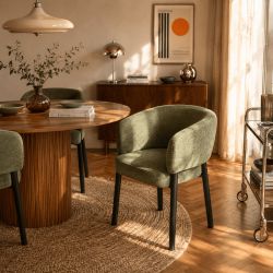 Fauteuil de table ABELIA velours tramé vert et pieds métal noir