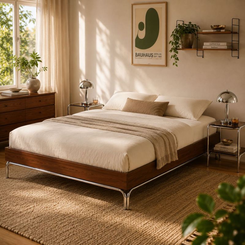 Lit MAGGY 180x200 placage noyer et pieds métal chromé sommier inclus