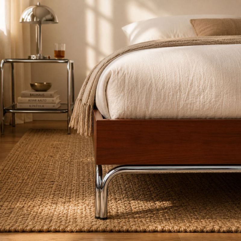 Lit MAGGY 180x200 placage noyer et pieds métal chromé sommier inclus