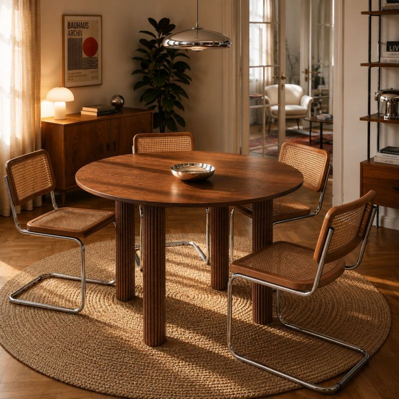 Table de séjour PENELOPE ronde placage chêne couleur noyer 115 cm