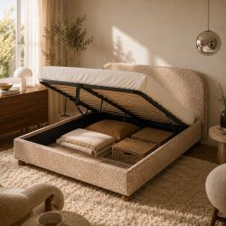 Lit coffre PILKA 160x200 tissu jacquard léopard beige sommier inclus