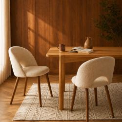 Lot de 4 chaises SIMONE tissu bouclette blanc cassé pieds bois teinté noyer
