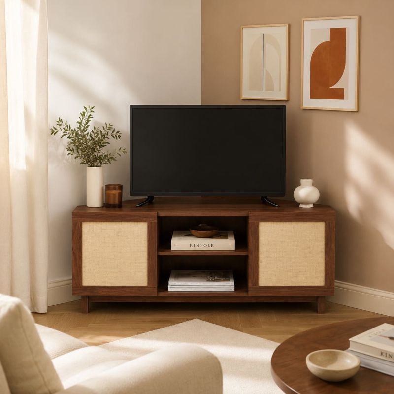 Meuble TV d'angle HARIA effet noyer et rotin 120cm