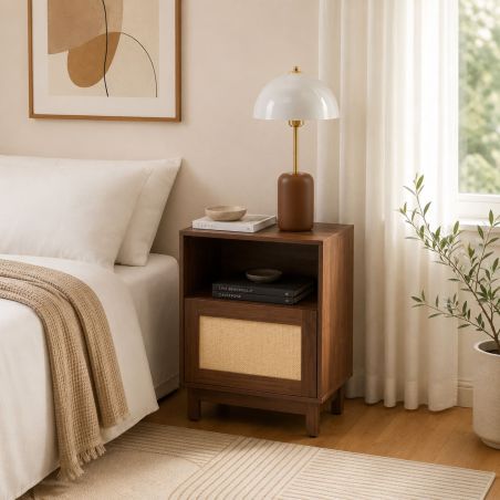 Table de chevet HARIA effet noyer et rotin