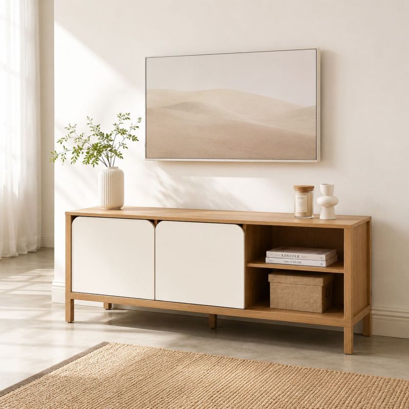 Meuble TV KILDA effet chêne et portes blanches 140cm