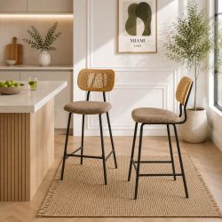 Lot de 2 tabourets TINA tissu bouclette taupe et cannage rotin
