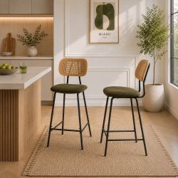 Lot de 2 tabourets TINA tissu bouclette vert et cannage rotin
