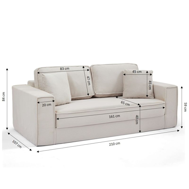 Canapé droit compressé et convertible EREBUS déplimousse 3 places velours côtelé beige