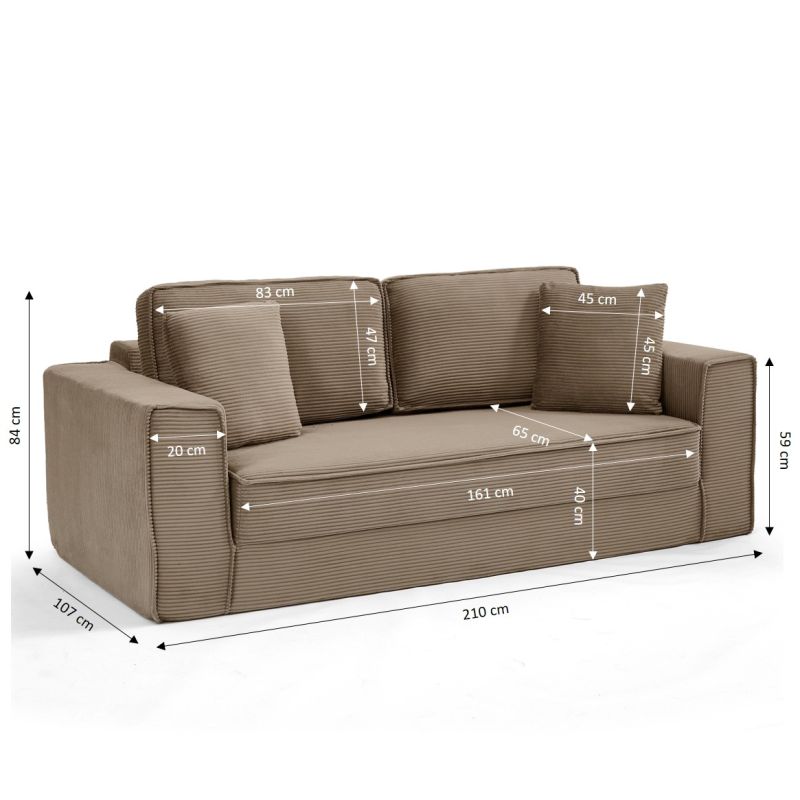 Canapé droit compressé et convertible EREBUS déplimousse 3 places velours côtelé taupe