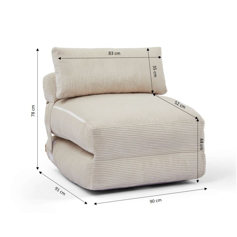 Fauteuil convertible compressé NYX en mousse 1 place velours côtelé beige