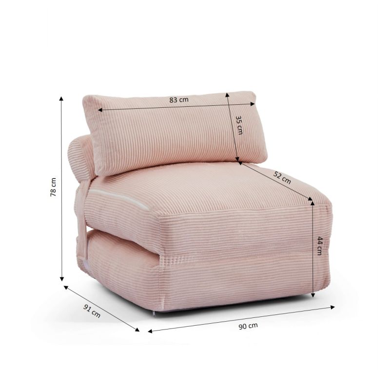 Fauteuil convertible compressé NYX en mousse 1 place velours côtelé rose