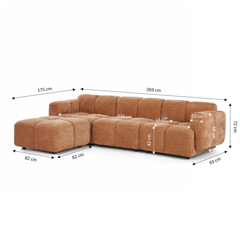 Canapé d'angle modulable ALENO 4 places tissu velours texturé terracotta