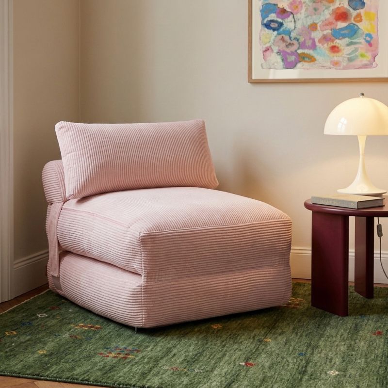 Fauteuil convertible compressé NYX en mousse 1 place velours côtelé rose