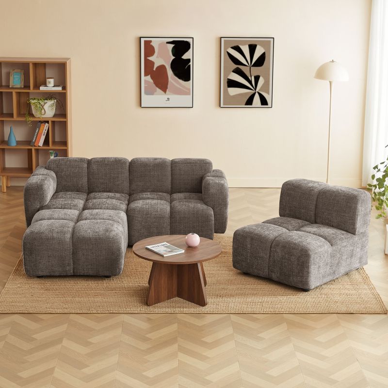 Canapé d'angle modulable ALENO 4 places tissu velours texturé marron