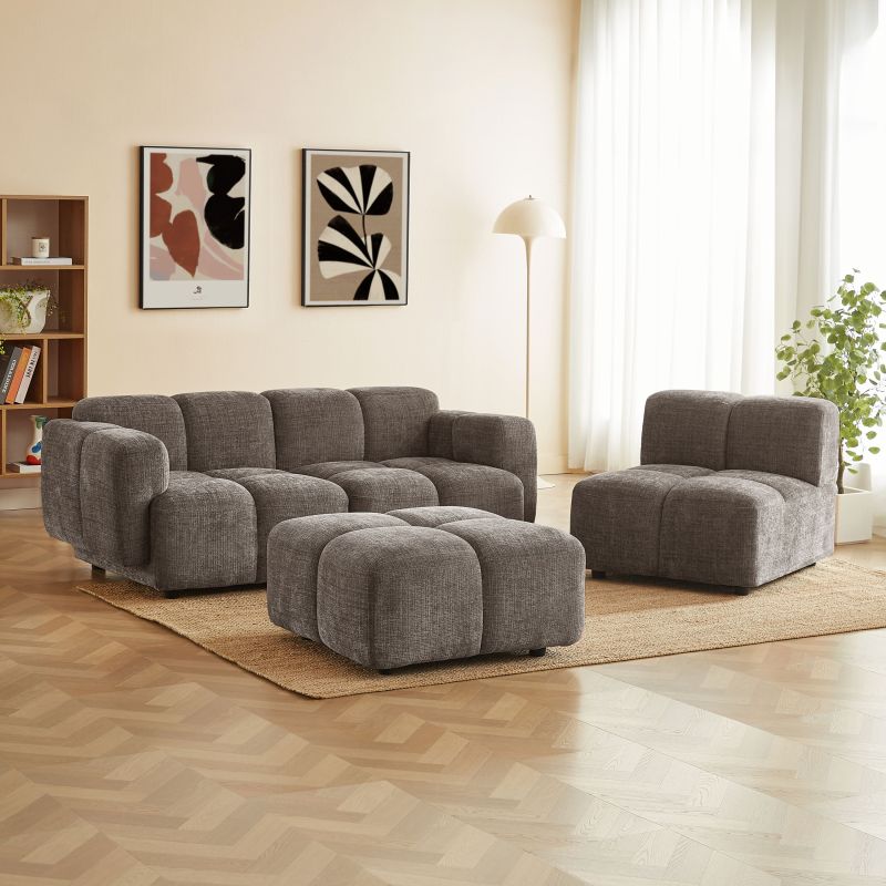 Canapé d'angle modulable ALENO 4 places tissu velours texturé marron