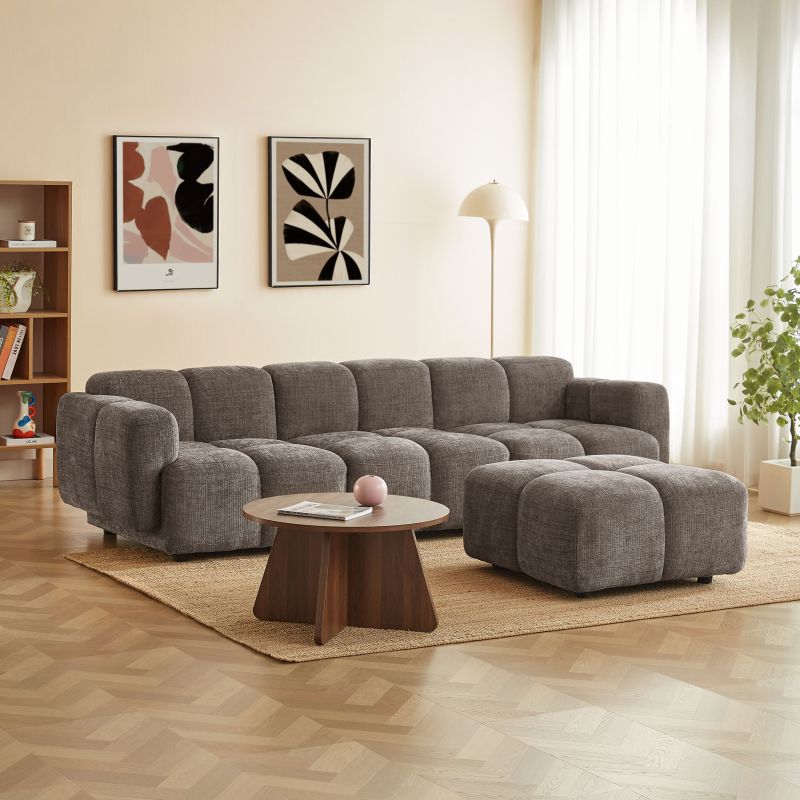 Canapé d'angle modulable ALENO 4 places tissu velours texturé marron