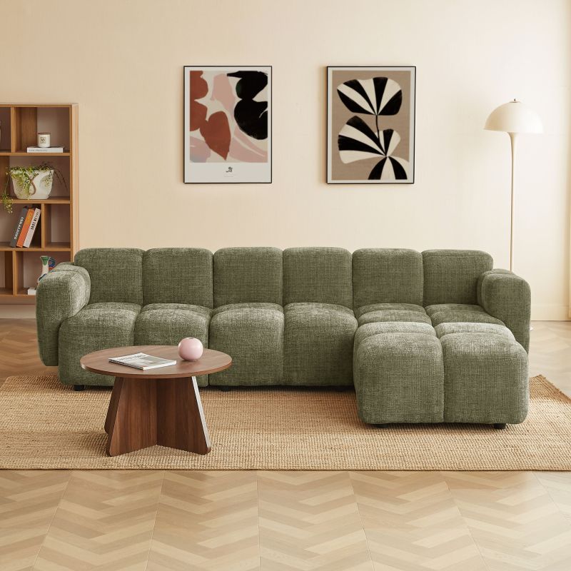 Canapé d'angle modulable ALENO 4 places tissu velours texturé vert