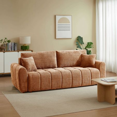 Canapé droit convertible JONEA 3 places tissu texturé terracotta