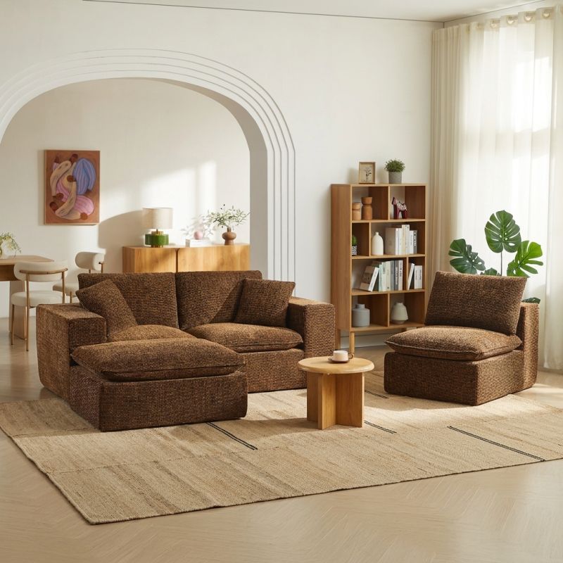 Canapé modulaire compressé KENA 4 places tissu bouclette zebré marron