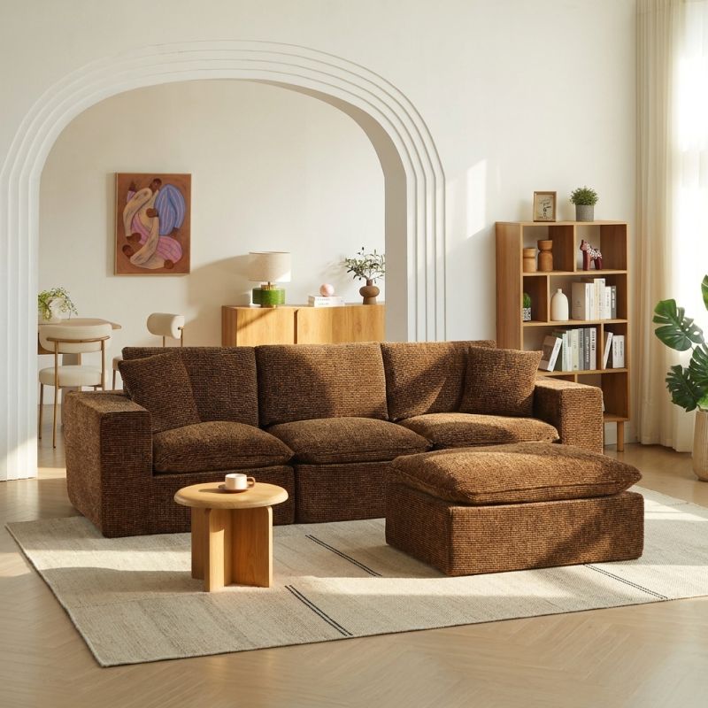 Canapé modulaire compressé KENA 4 places tissu bouclette zebré marron